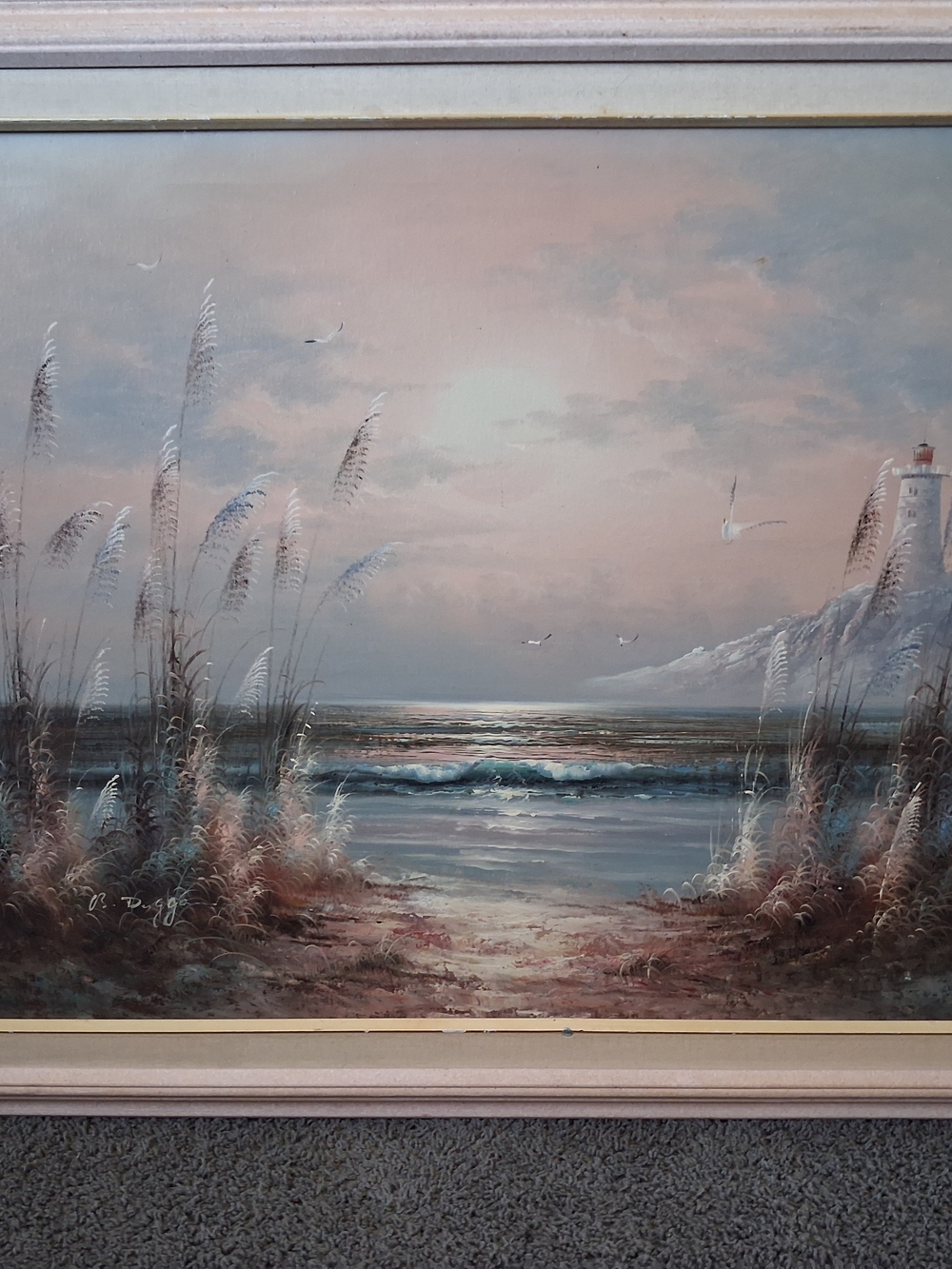 Coastal Sunrise Seascape Painting in Soft Pink and Blue
